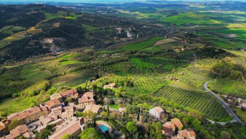 Aerial drone view of the Rocca d’Orcia village in Tuscany, central Italy - Starpik Stock