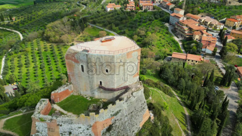 Aerial drone view of the Rocca d’Orcia village in Tuscany, central Italy - Starpik Stock