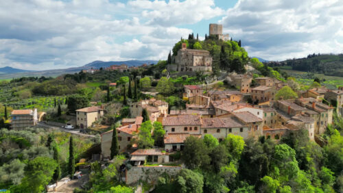 Aerial drone view of the Rocca d’Orcia village in Tuscany, central Italy - Starpik Stock