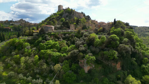 Aerial drone view of the Rocca d’Orcia village in Tuscany, central Italy - Starpik Stock