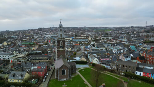 Aerial drone view of the St Anne’s Church Shandon Bells and Tower - Starpik Stock