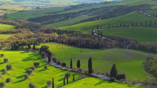 Aerial drone view of the Valdorcia region in Tuscany, central Italy - Starpik Stock