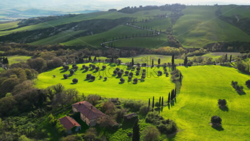 Aerial drone view of the Valdorcia region in Tuscany, central Italy - Starpik Stock
