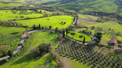 Aerial drone view of the Valdorcia region in Tuscany, central Italy - Starpik Stock