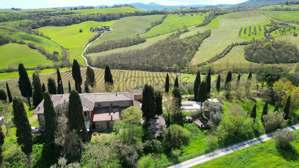 Aerial drone view of the Valdorcia region in Tuscany, central Italy - Starpik Stock