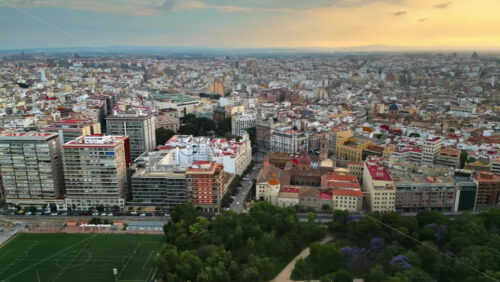 Aerial drone view of the buildings near the Mestalla Stadium in Valencia, Spain in daylight - Starpik Stock