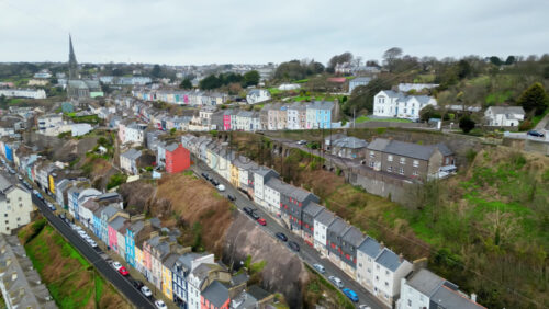 Aerial drone view of the colourful houses in Cobh, Cork, Ireland - Starpik Stock