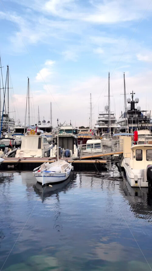 Video - View of white boats docked in the Monaco Marina with the skyline of the city on the background. Vertical