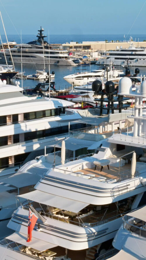 Video - View of white boats docked in the Monaco Marina with the skyline of the city on the background. Vertical