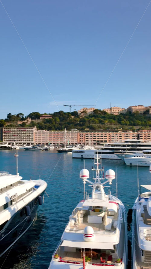 Video - View of white boats docked in the Monaco Marina with the skyline of the city on the background. Vertical