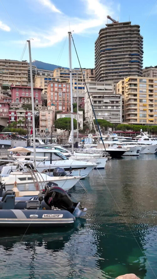 Video - La Condamine, Monaco - September 8, 2024: View of white boats docked in the Monaco Marina with the skyline of the city on the background. Vertical
