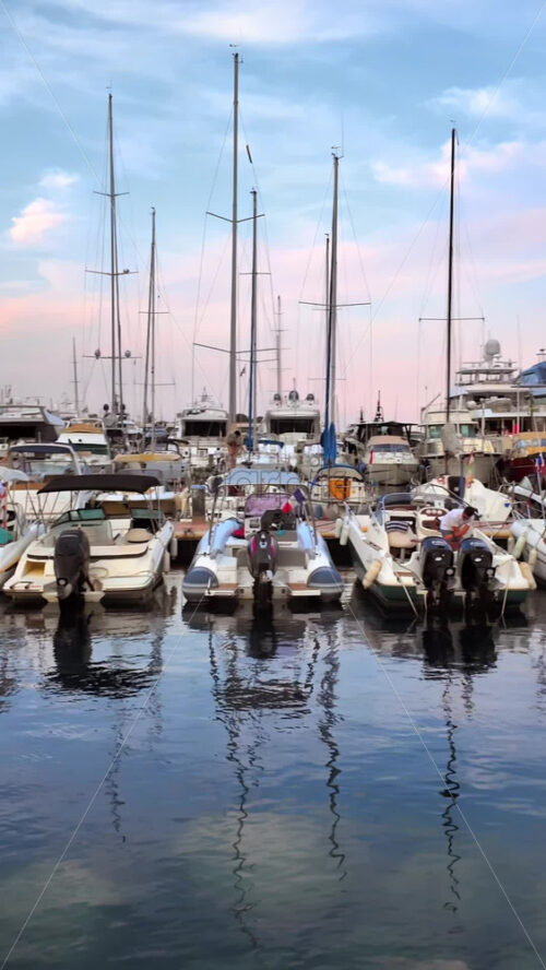 Video - View of white boats docked in the Monaco Marina with the skyline of the city on the background. Vertical