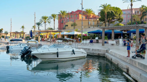 Video - Menton, France - September 4, 2024: View of boats docked in the Port de Menton in the French Riviera