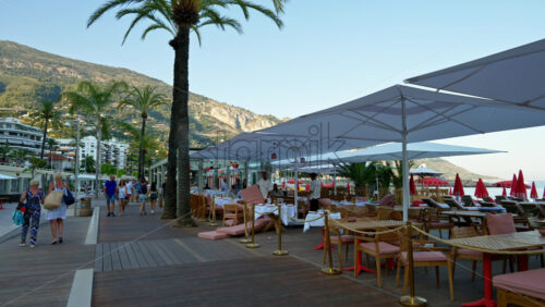 Video - Menton, France - September 4, 2024: Palm trees near a restaurant on the beach