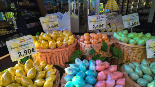 Video - Menton, France - September 4, 2024: Close up of artisanal soaps in at a market in the city