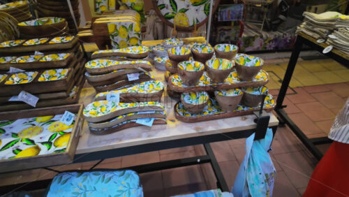 Video - Close up of lemon decorated kitchenware at a store in Menton, France