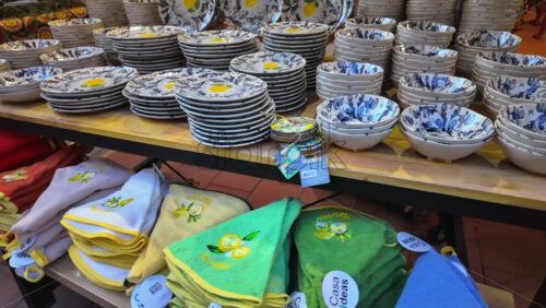 Video - Close up of lemon decorated kitchenware at a store in Menton, France