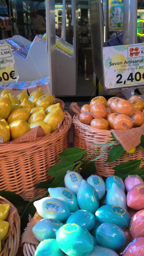 Video - Menton, France - September 4, 2024: Close up of artisanal soaps in at a market in the city. Vertical