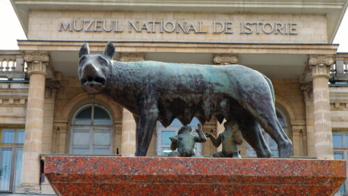 Video - Chisinau, Moldova -April 17, 2021: Capitoline Wolf monument in front of the National History Museum of Moldova in the city centre