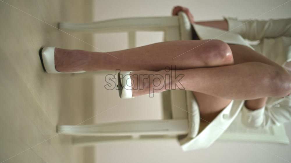 Video - Woman in a white dress wearing white high heels sitting on a chair. Vertical