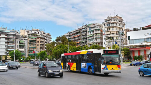 Video - THESSALONIKI, GREECE - SEPTEMBER 21, 2020: Circulation in the city. Historic buildings on background