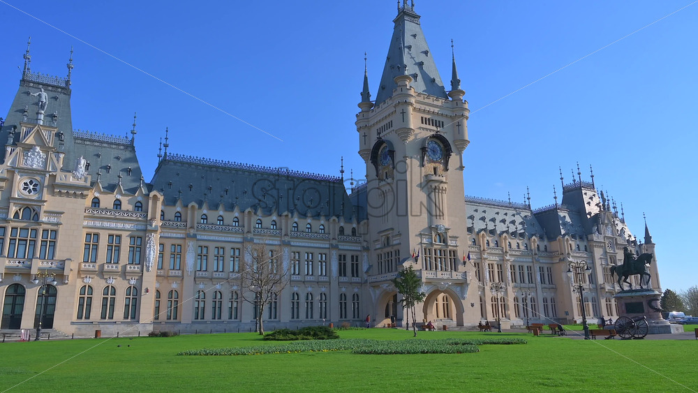 Video - Iasi, Romania - April 25, 2021: Front view of the Palace of Culture on a sunny day