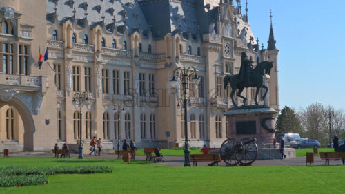 Video - Iasi, Romania - April 25, 2021: Stephen the Great monument in front of the Palace of Culture