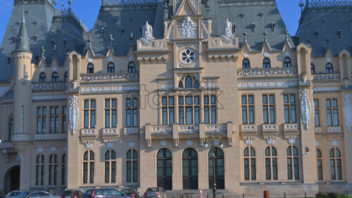 Video - Iasi, Romania - April 25, 2021: Front view of the Palace of Culture on a sunny day
