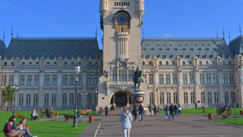Video - Iasi, Romania - April 25, 2021: Front view of the Palace of Culture on a sunny day
