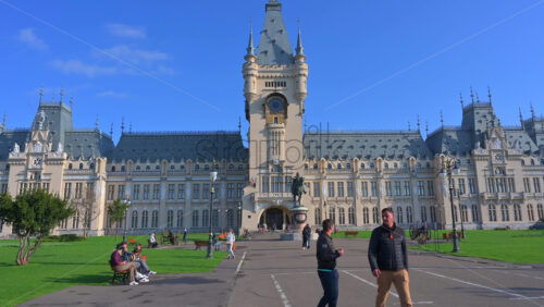 Video - Iasi, Romania - April 25, 2021: Front view of the Palace of Culture on a sunny day