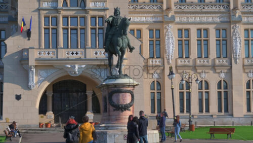 Video - Iasi, Romania - April 25, 2021: Stephen the Great monument in front of the Palace of Culture