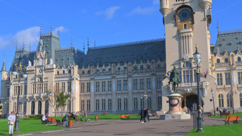 Video - Iasi, Romania - April 25, 2021: Front view of the Palace of Culture on a sunny day