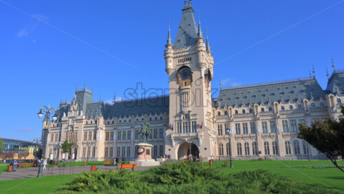Video - Iasi, Romania - April 25, 2021: Front view of the Palace of Culture on a sunny day
