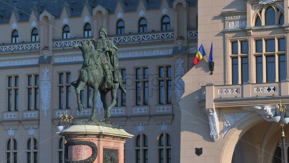 Video - Iasi, Romania - April 25, 2021: Stephen the Great monument in front of the Palace of Culture