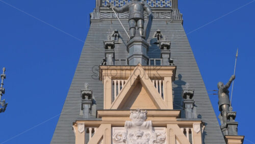 Video - Iasi, Romania - April 25, 2021: Close up of pink magnolia trees in front of the Palace of Culture