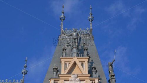 Video - Iasi, Romania - April 25, 2021: Close up of the Palace of Culture on a sunny day