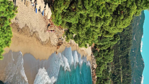 Video - Aegean sea coast of Greece with resting woman, rocky hills with growing trees and bushes, beach with waves and umbrellas with sunbeds. Vertical shooting