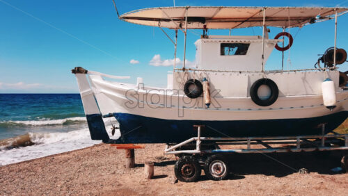 Video - A decoration boat on wheels near the Aegean sea coast in Nikiti, Greece. Slow motion