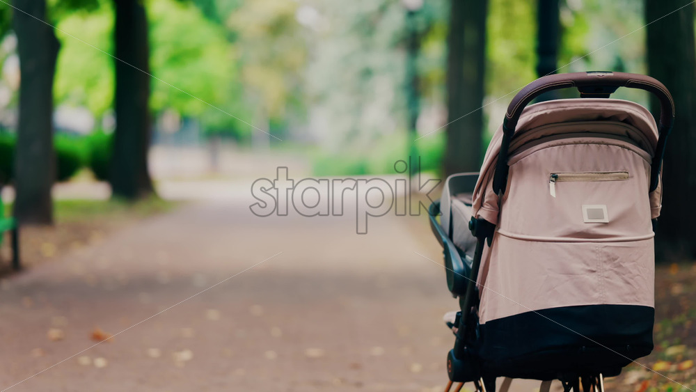 A beige baby stroller parked on a forest path in a park - Starpik Stock