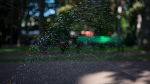 A sprinkler water spray in sunlight producing a rainbow effect in a park - Starpik Stock