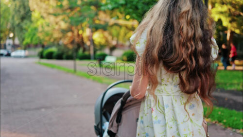 A woman in a floral dress pushing a baby stroller along a park path - Starpik Stock