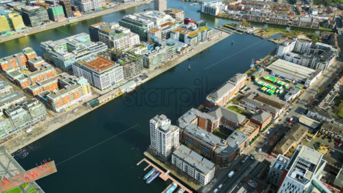 Aerial drone view of Grand Canal Dock and Ringsend in Dublin, Ireland - Starpik Stock