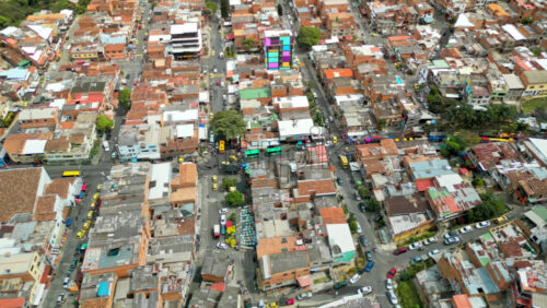 Aerial drone view of Medellin, historic hillside town in Colombia in daylight - Starpik Stock