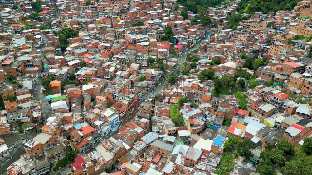 Aerial drone view of Medellin, historic hillside town in Colombia in daylight - Starpik Stock