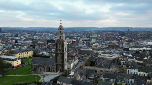 Aerial drone view of St. Mary’s Church in Dublin’s city center with surrounding historic and modern buildings - Starpik Stock