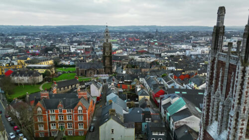 Aerial drone view of St. Mary’s Church in Dublin’s city center with surrounding historic and modern buildings - Starpik Stock