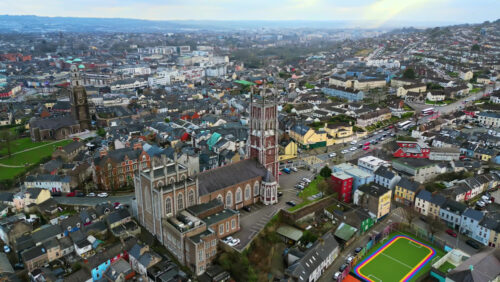 Aerial drone view of St. Mary’s Church in Dublin’s city center with surrounding historic and modern buildings - Starpik Stock