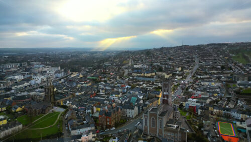 Aerial drone view of St. Mary’s Church in Dublin’s city center with surrounding historic and modern buildings - Starpik Stock