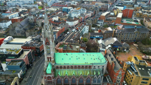 Aerial drone view of St. Mary’s Pro-Cathedral and the surrounding urban landscape in Dublin, Ireland - Starpik Stock