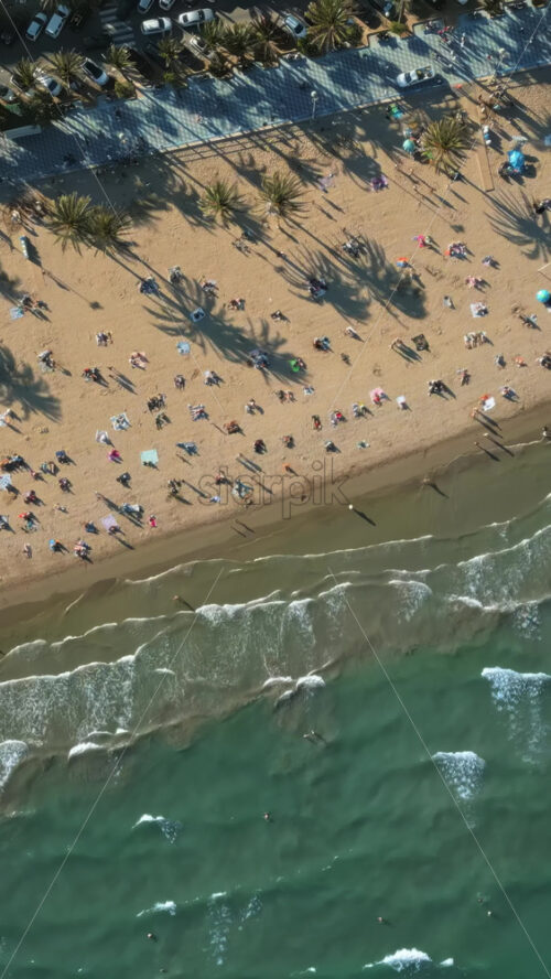 Aerial drone view of cars moving along the coastline with people relaxing on the beach in Alicante, Spain in daylight. Vertical - Starpik Stock